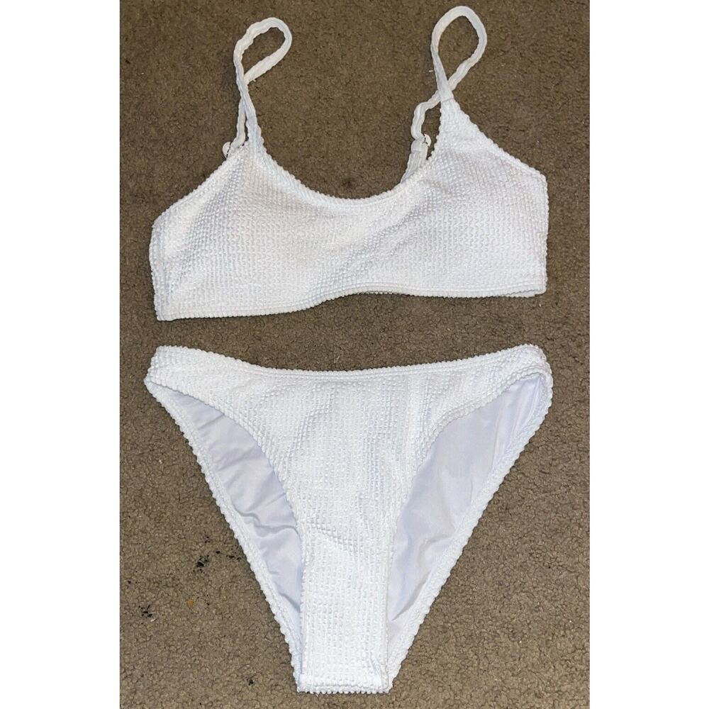 Fanuerg Women’s Ribbed Scoop Neck Bikini Spaghetti Strap Textured White Small